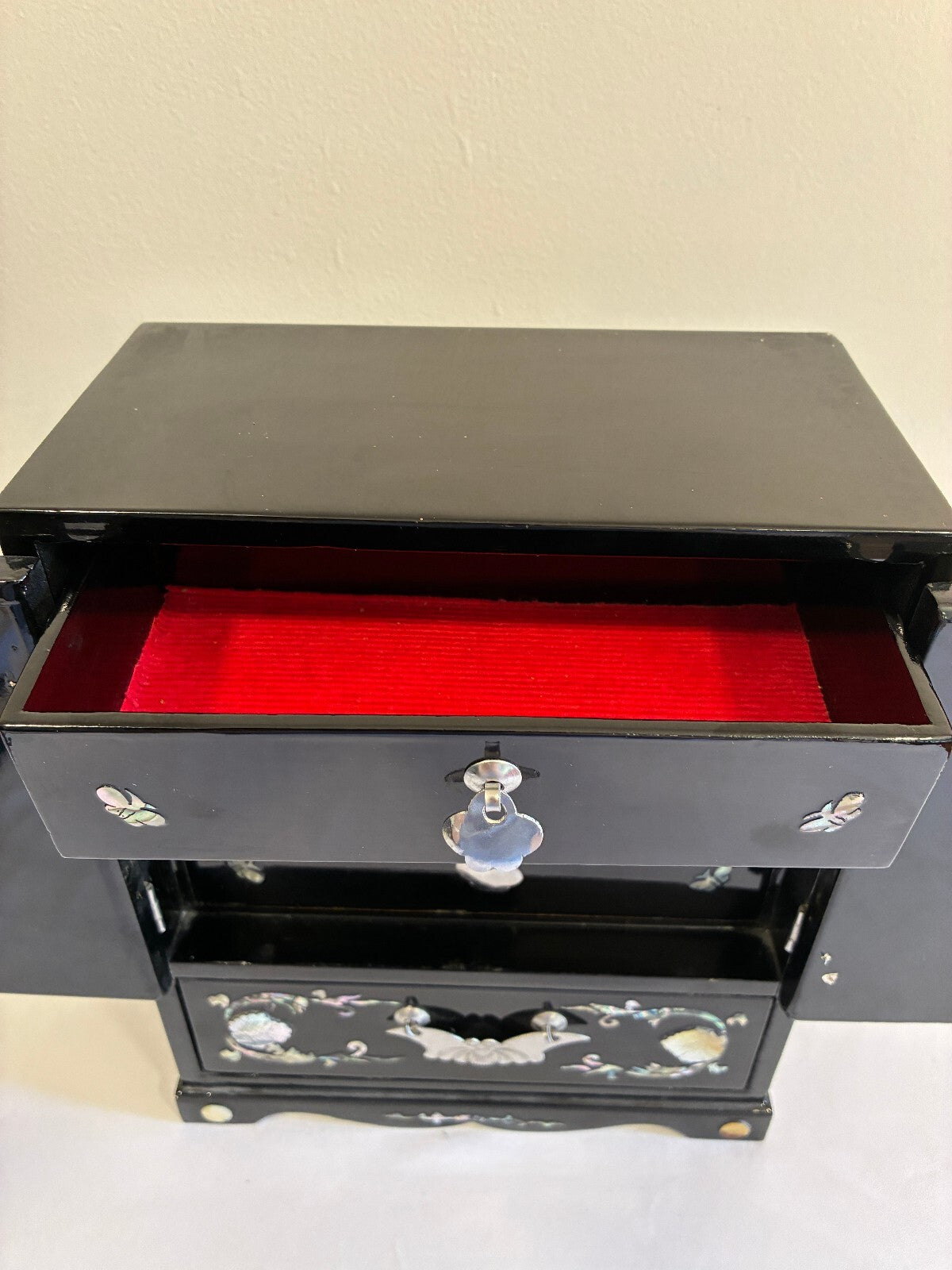 Vintage Black Lacquer Mother of Pearl Jewelry Cabinet | Asian Bird Floral Inlay
