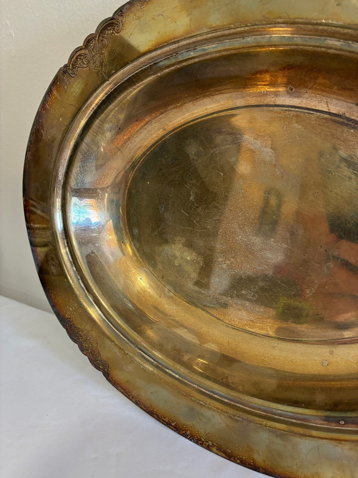 Vintage Silverplate Oval Serving Bowl Ornate Scalloped Tray