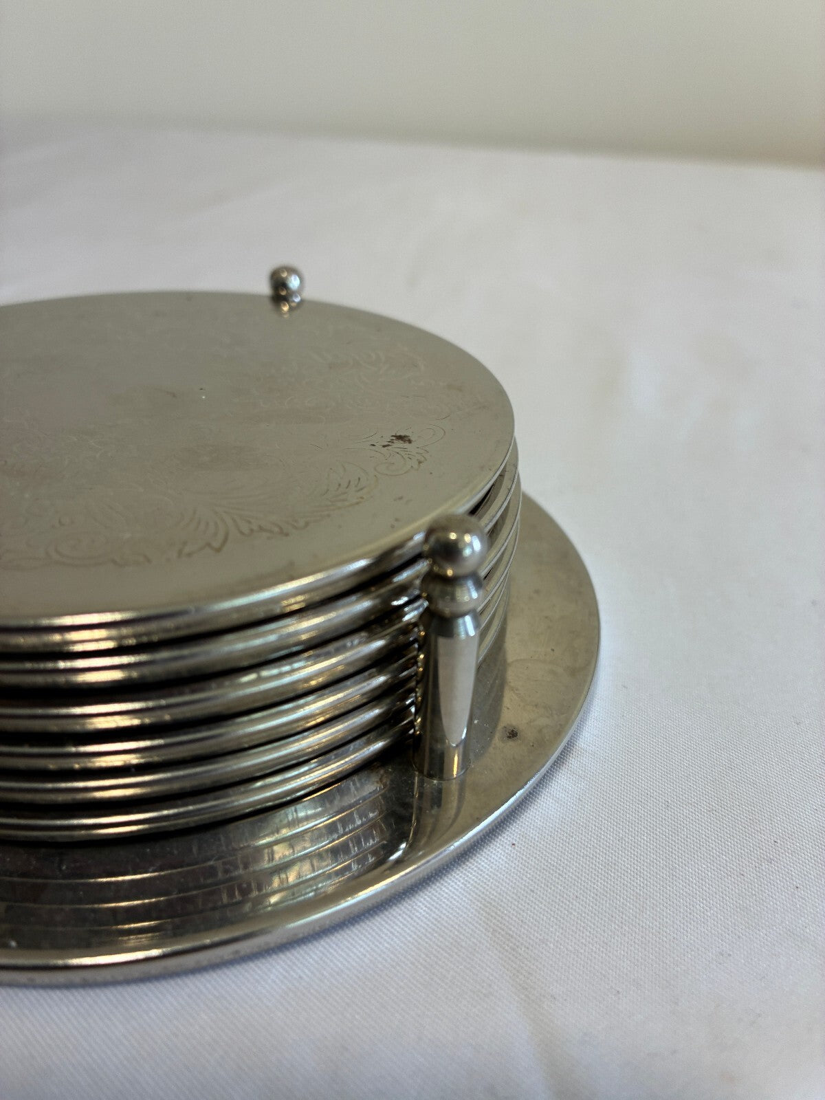 Vintage Set of 6 Silver Coasters with Holder Engraved Floral