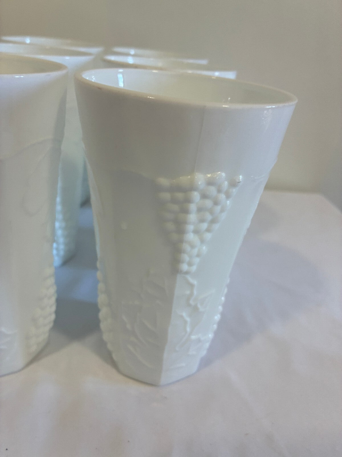 Vintage Milk Glass Tumblers Set of 9 Grape Vine Pattern White Drinking Glasses