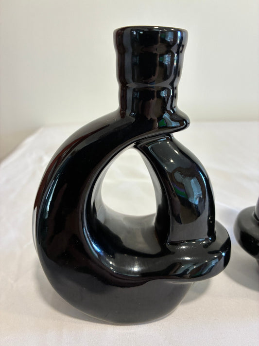 Vintage Frankoma Black Ceramic Vase Pair Modern Loop Design