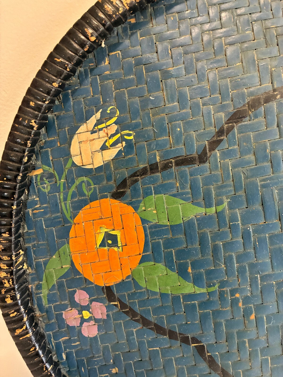 Vintage Woven Basket Tray Painted Oranges Floral