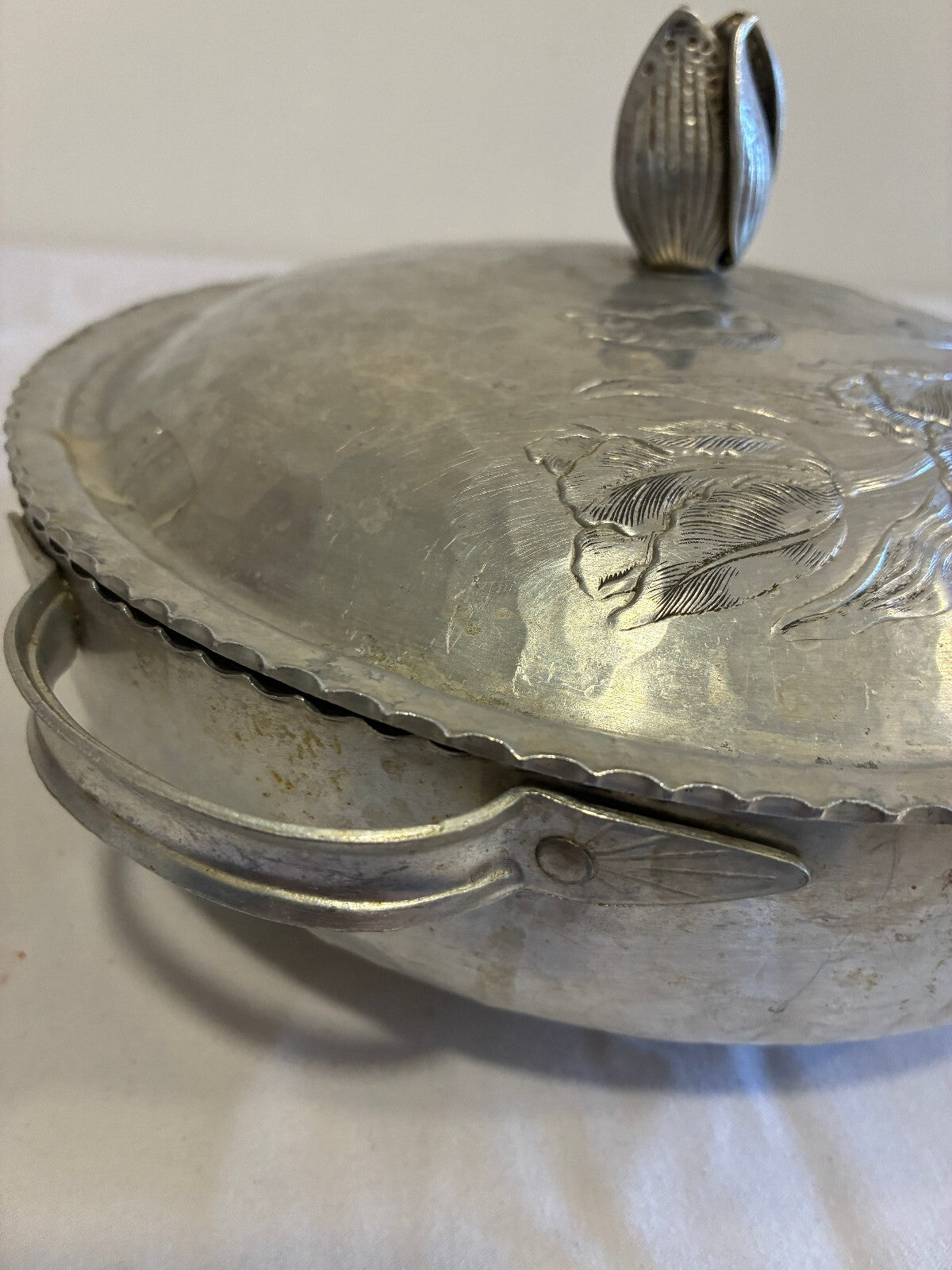 Vintage Hammered Aluminum Lidded Serving Dish | Tulip Flower Finial Casserole