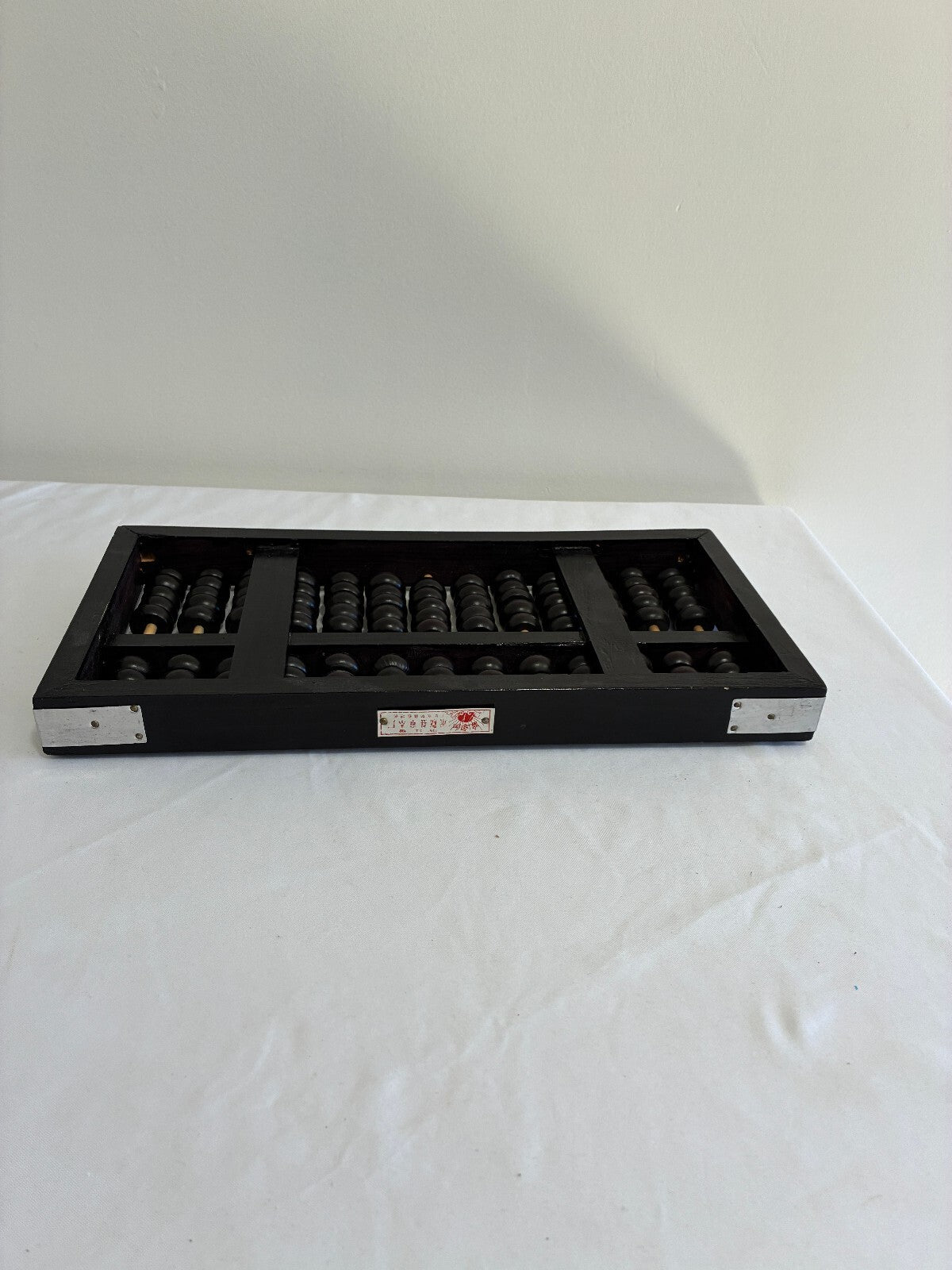 Vintage Asian Wood Abacus, Black with Metal, 13-Rod Counting Frame, Black Beads