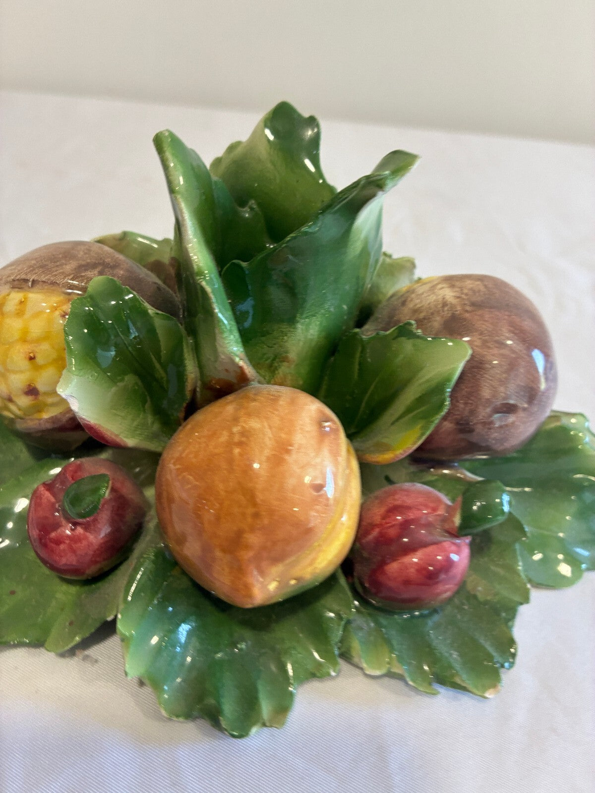 Vintage Capodimonte Italian Porcelain Fruit Taper Candle Holder | Hand Painted Fruit & Leaves | Made in Italy Centerpiece