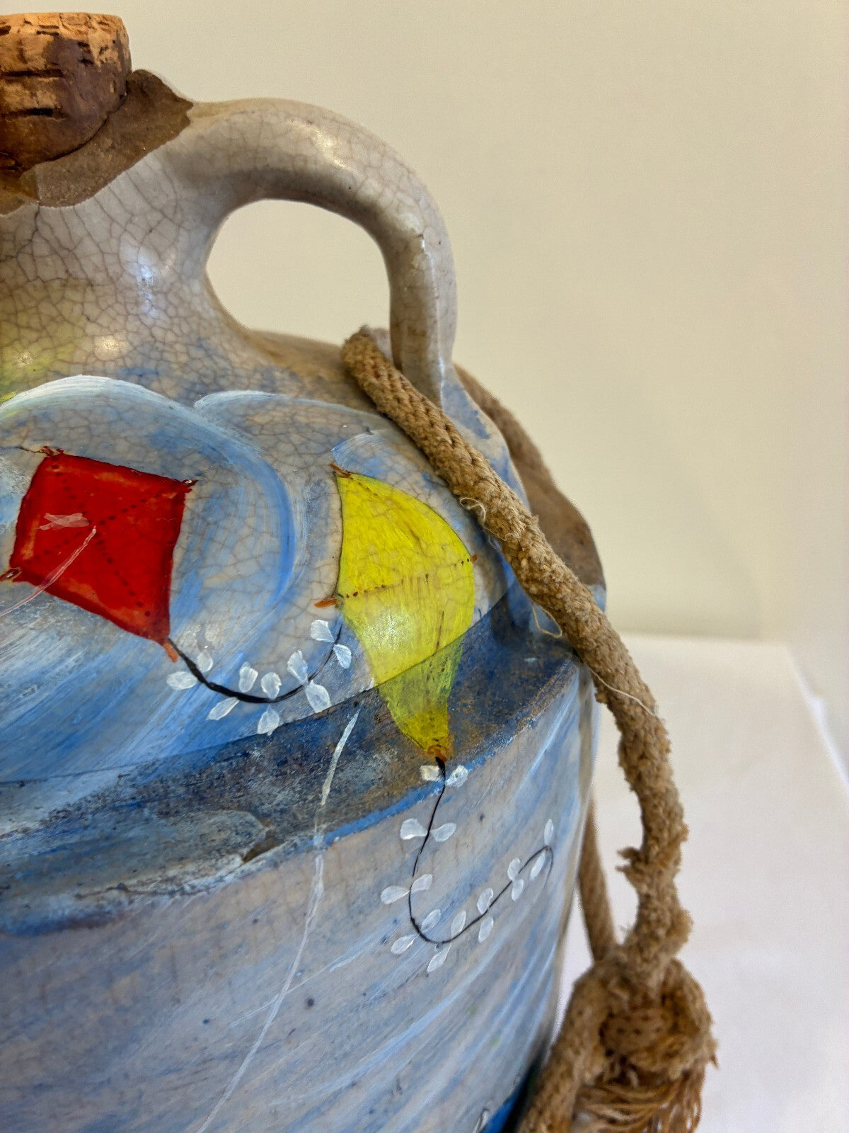 Vintage Hand Painted Ceramic Jug Decanter | Folk Art Children Flying Kites