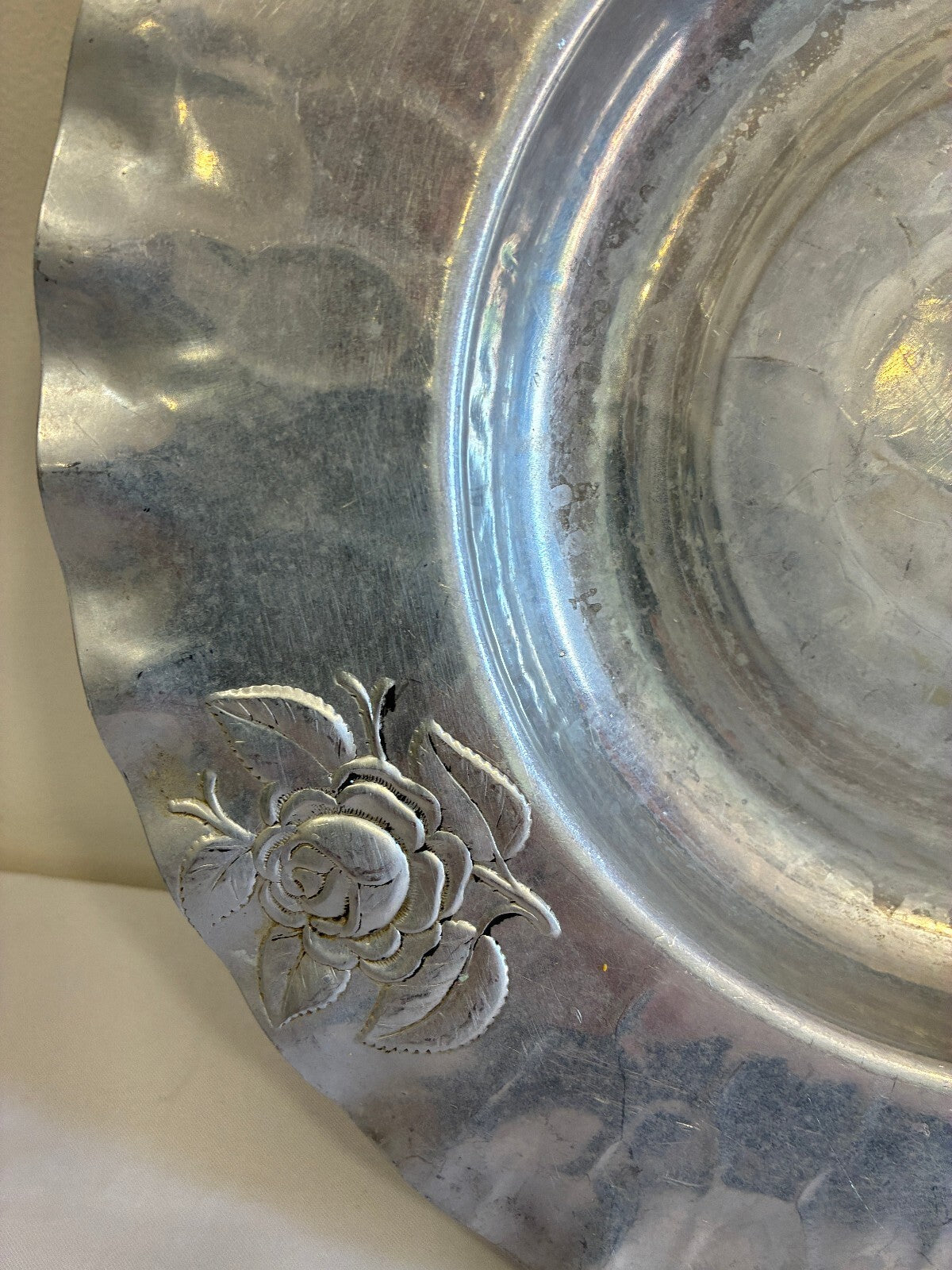 Vintage Hammered Aluminum Bowl | Hand Chased Rose Design Ruffled Rim
