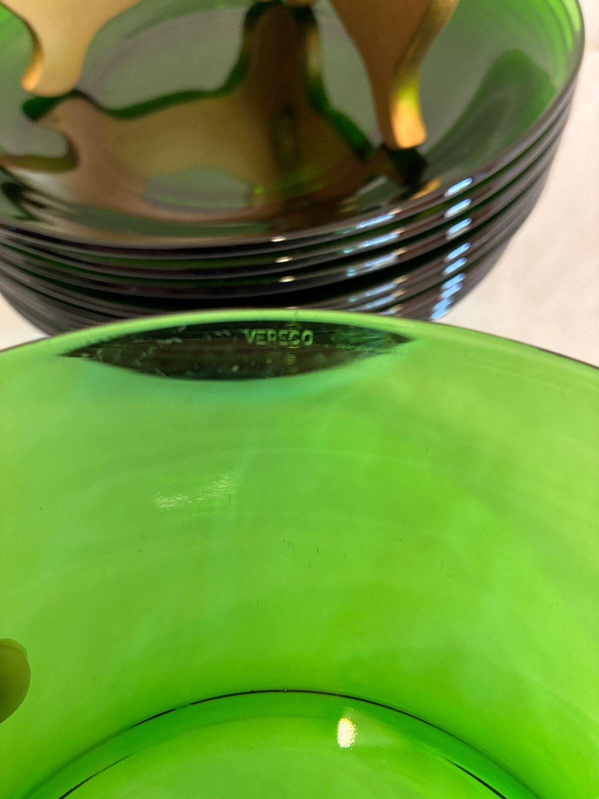 Vintage Set of 11 Vereco France Green Glass Bowls, Emerald Green Bowls