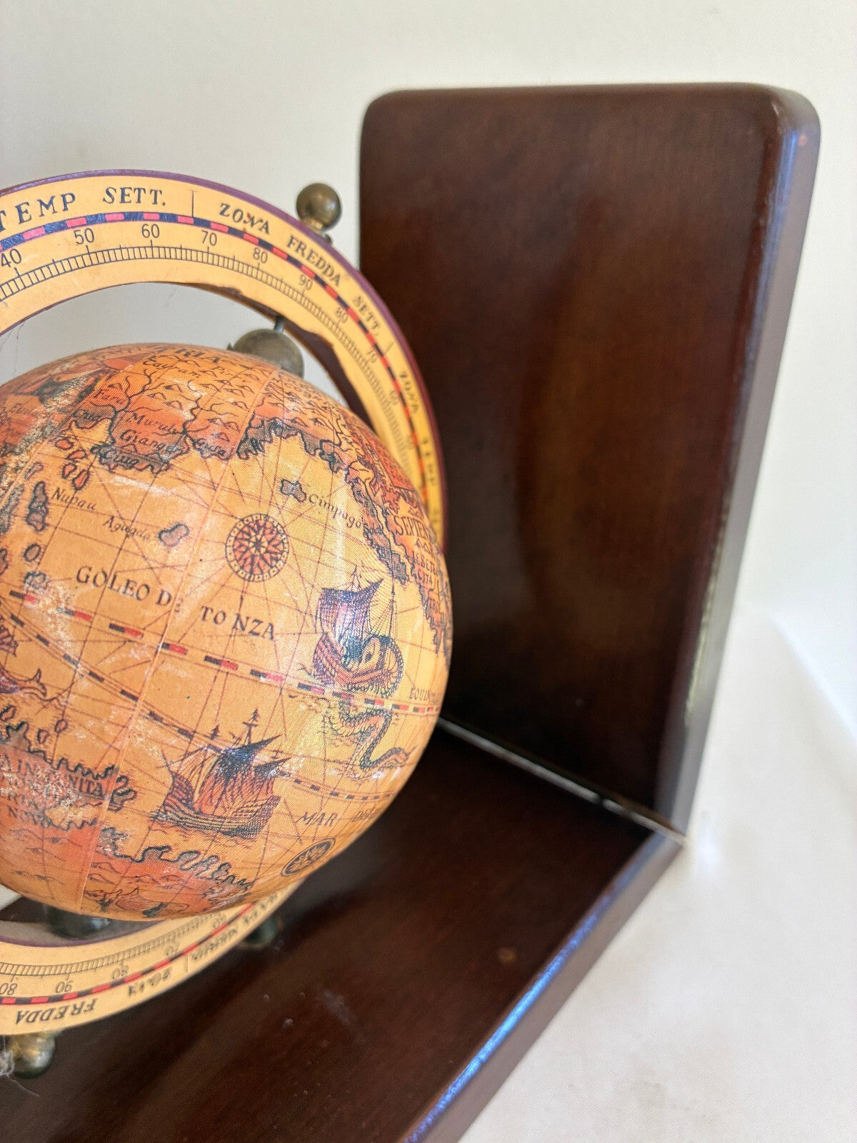 Vintage Pair of Old World Globe Bookends, Wood Bookends with Map Globes