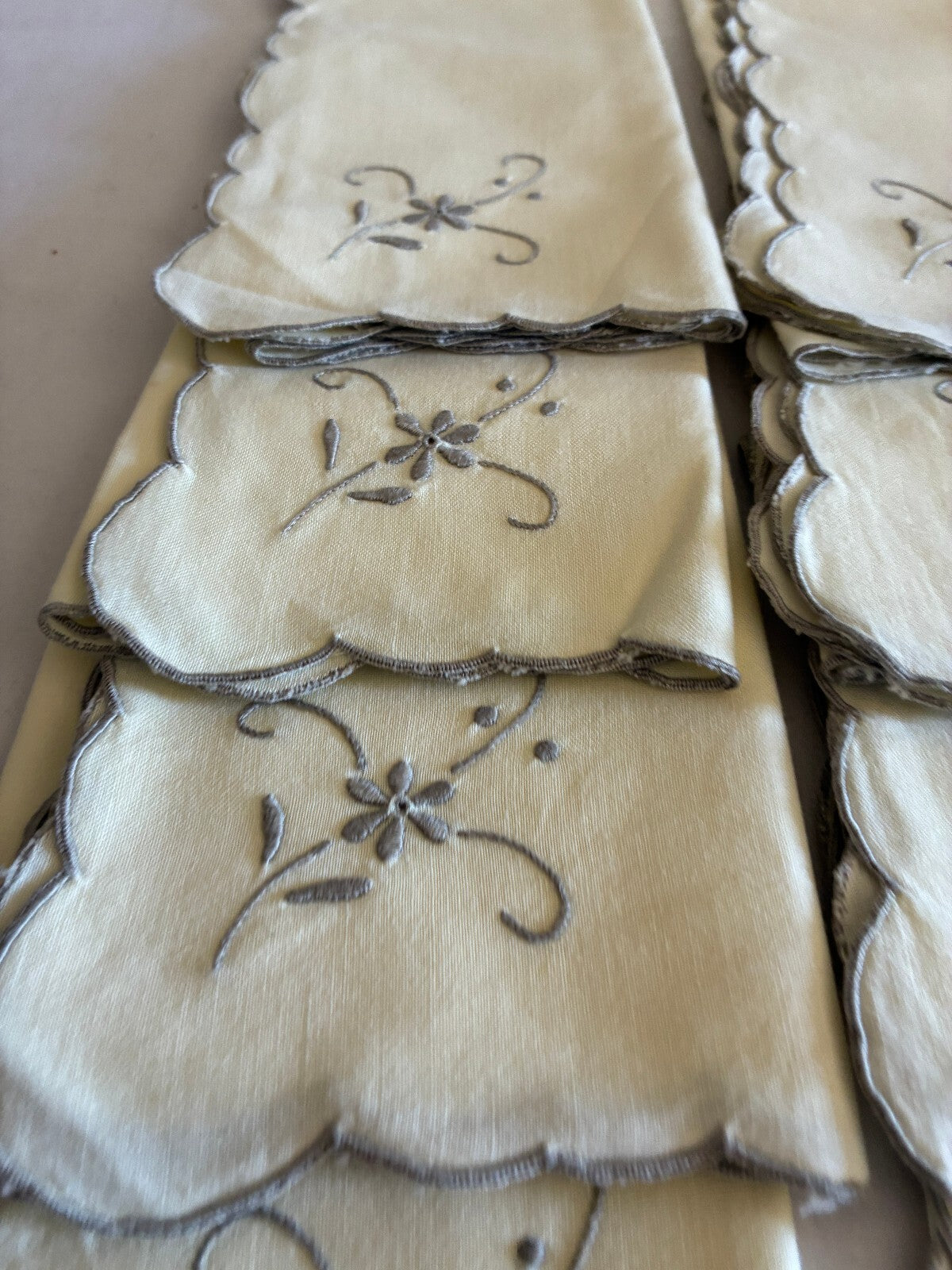 Vintage Ivory Cotton Napkins Set of 8 | Gray Embroidered Floral Scalloped Edge