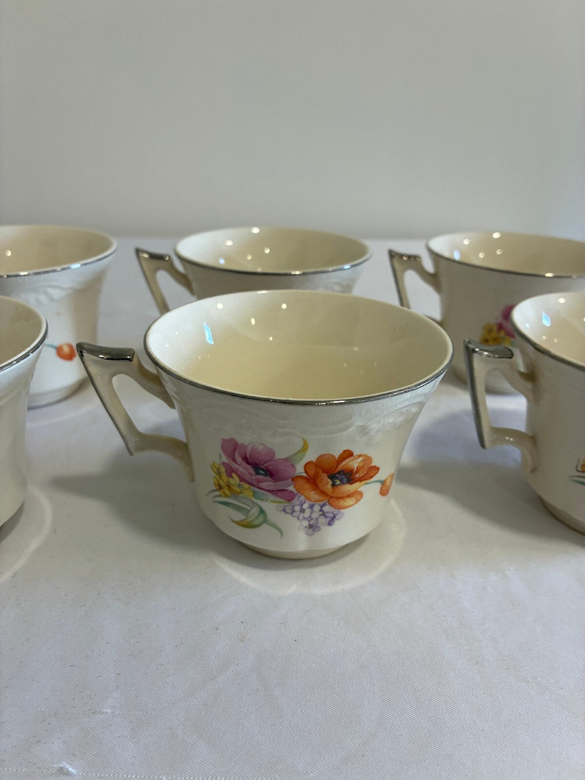 Vintage Ivory China Teacups with Platinum Trim, Set of 6 | Poppy Floral Pattern
