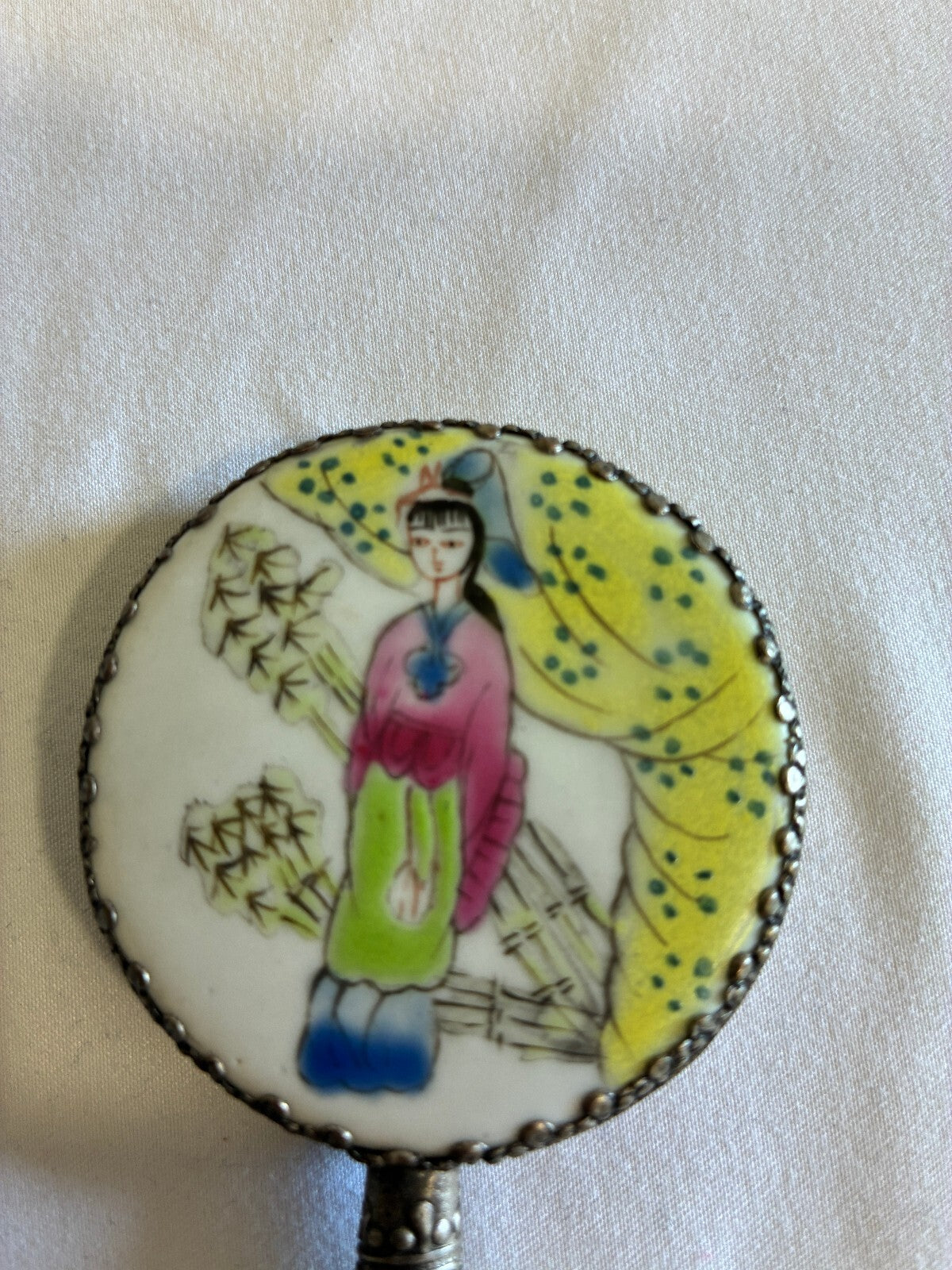 Vintage Painted Hand Mirror Jade Handle Silver Frame Asian Lady Scene