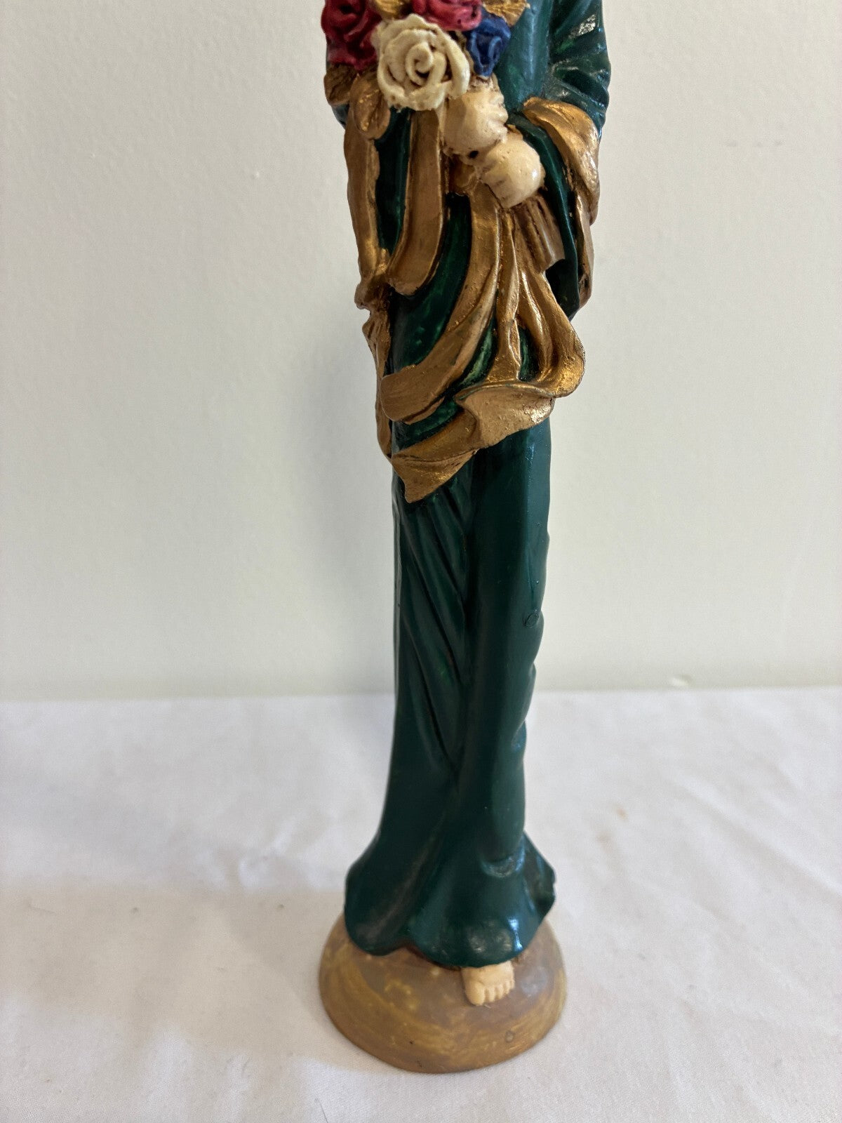Vintage Carved Angel Figurine with Gold Wings, Painted Statue with Flowers