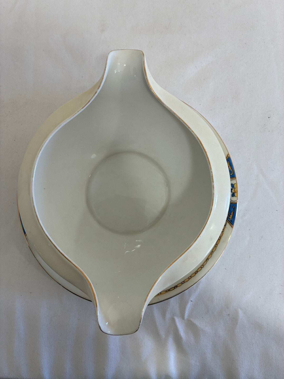 Vintage Meito China Warren Gravy Boat with Attached Underplate, Blue and Gold