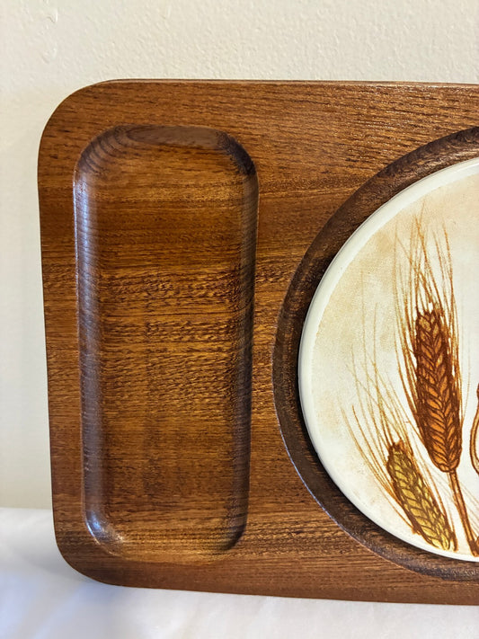 Vintage Goodwood Teak Cheese Board with Wheat Tile Trivet | Japan Serving Tray