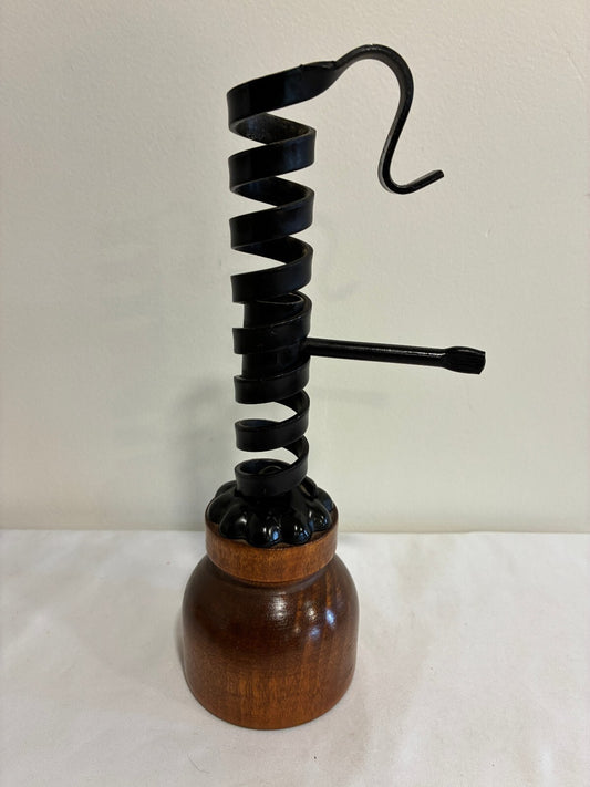 Vintage Spiral Courting Candle Holder, Black Iron and Wood Adjustable