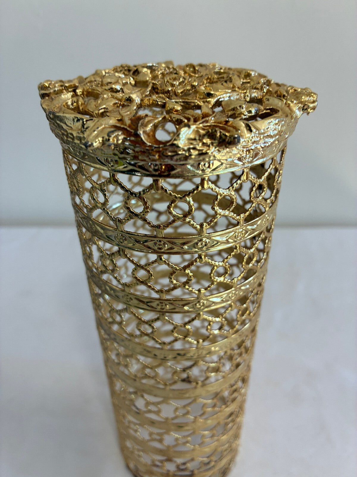 Vintage Gold Filigree Bottle Cover by Karew, Hollywood Regency Rose Filigree