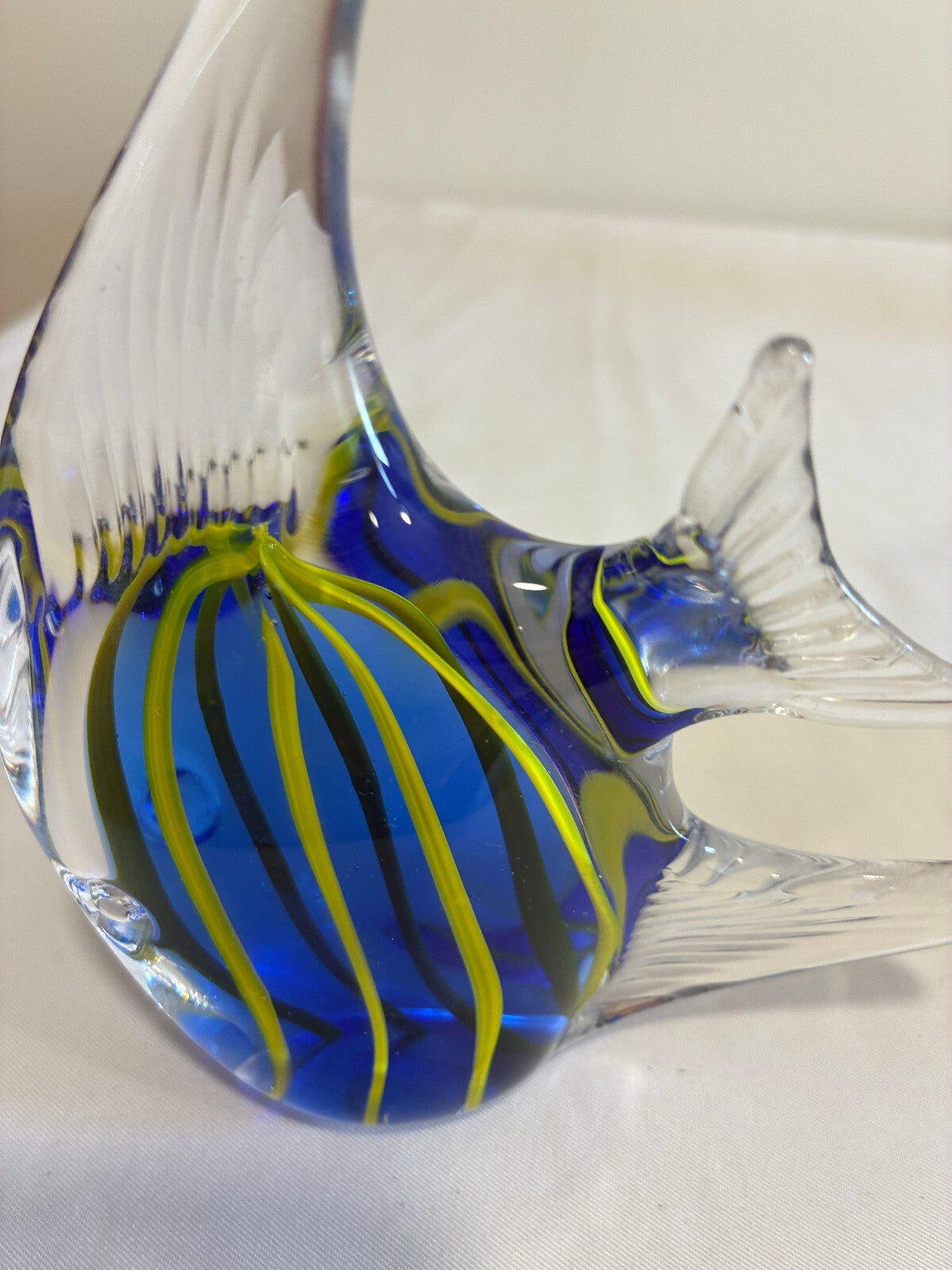 Vintage Art Glass Fish Figurine Blue Yellow Striped Made in Taiwan