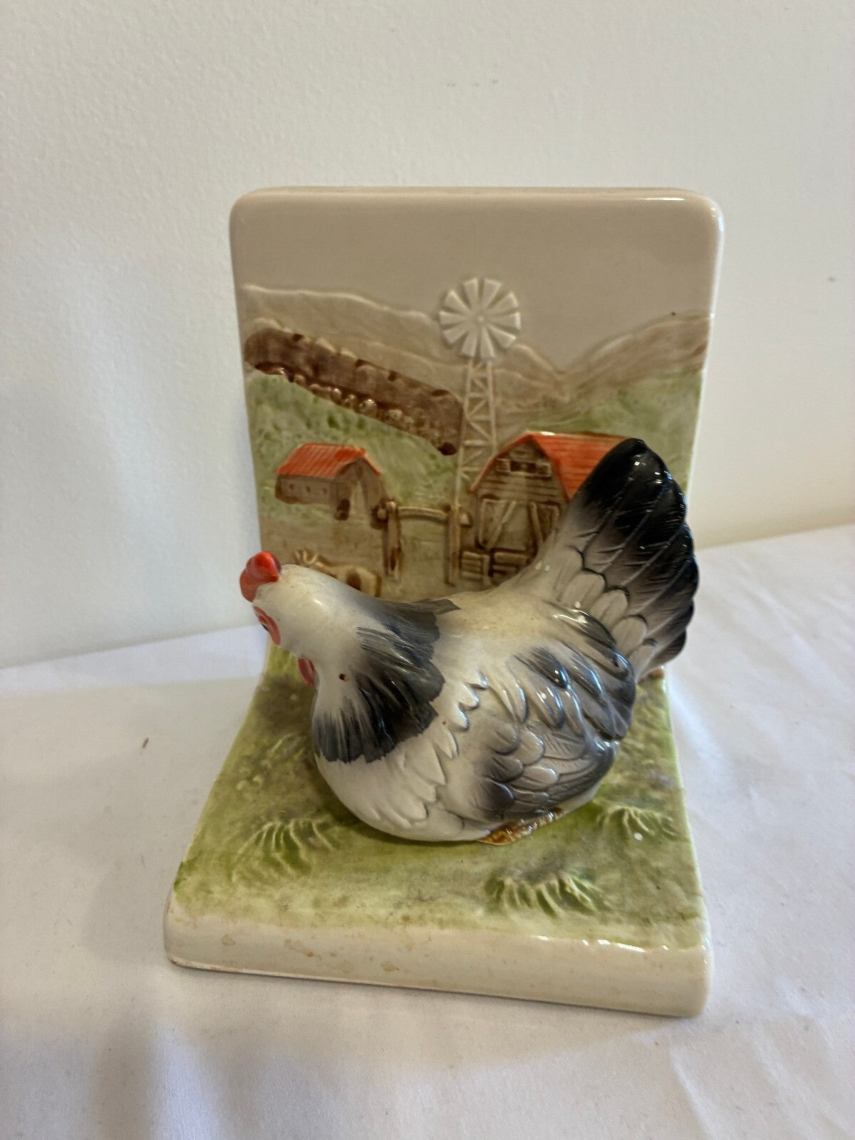 Vintage Otagiri Ceramic Hen Bookend | Hand-Painted Farmhouse Scene Chicken