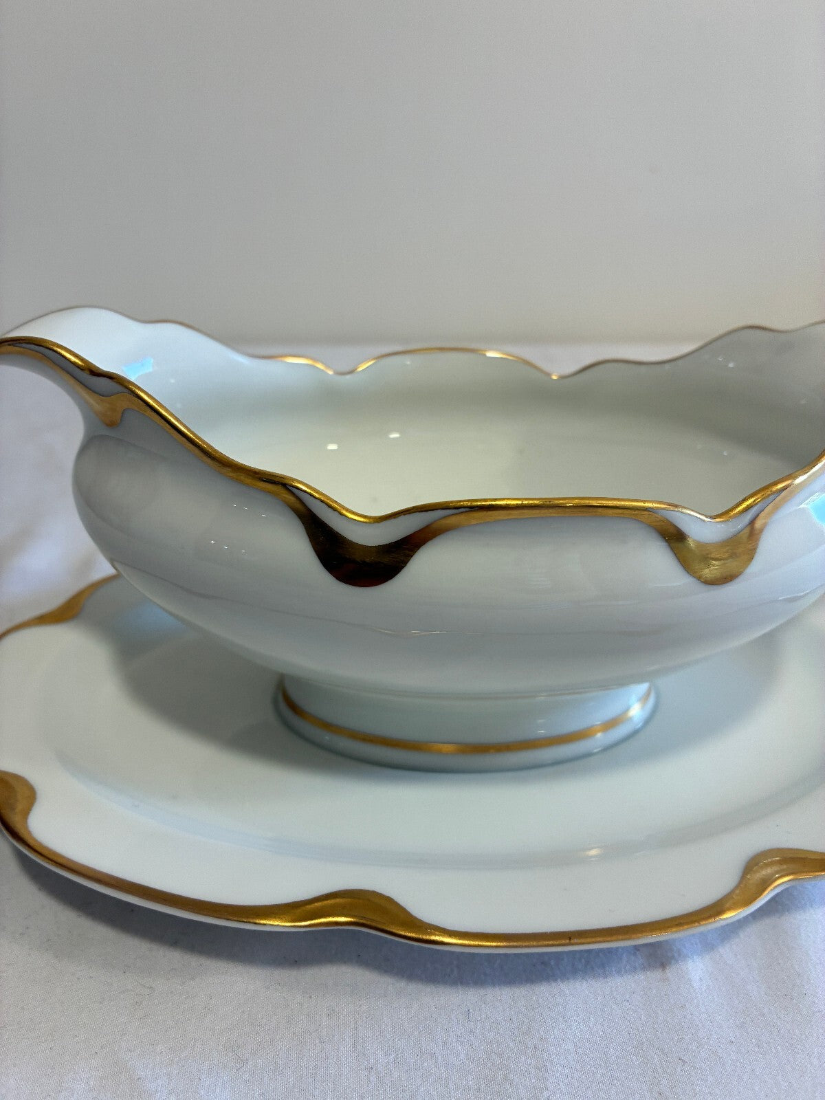 Antique Haviland & Co Limoges Gravy Boat with Gold Rim, French Porcelain