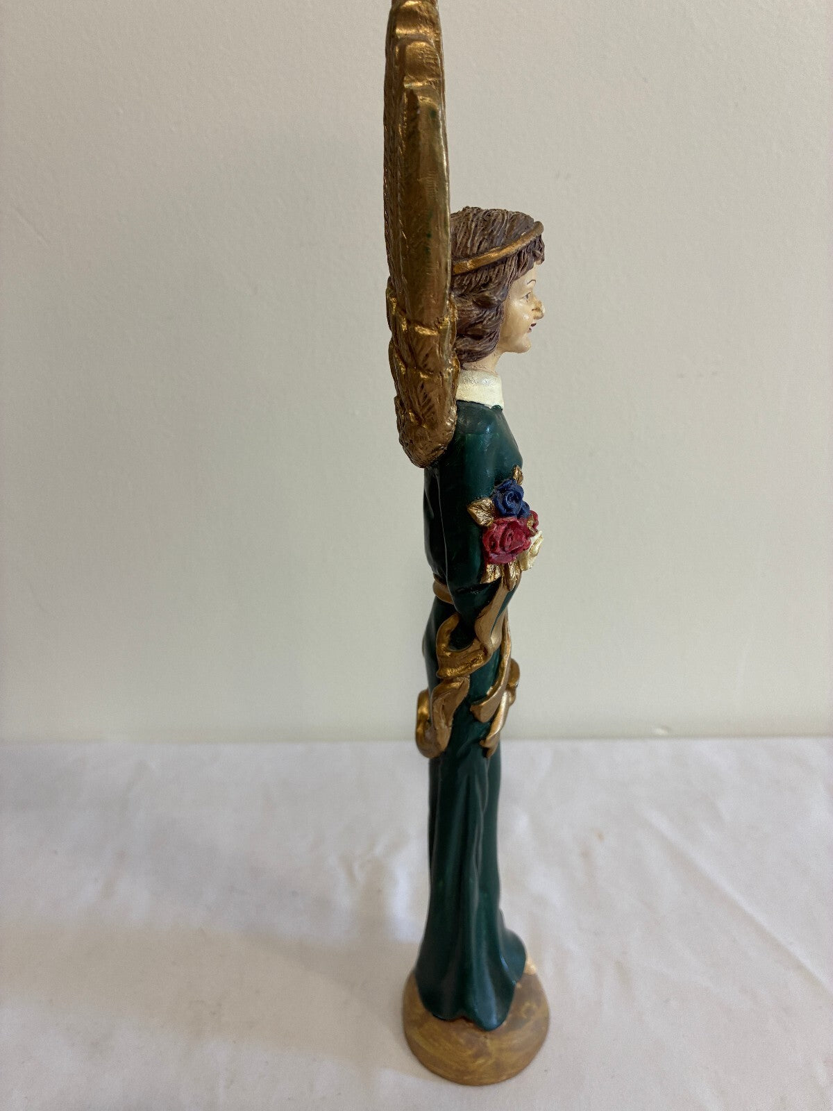 Vintage Carved Angel Figurine with Gold Wings, Painted Statue with Flowers