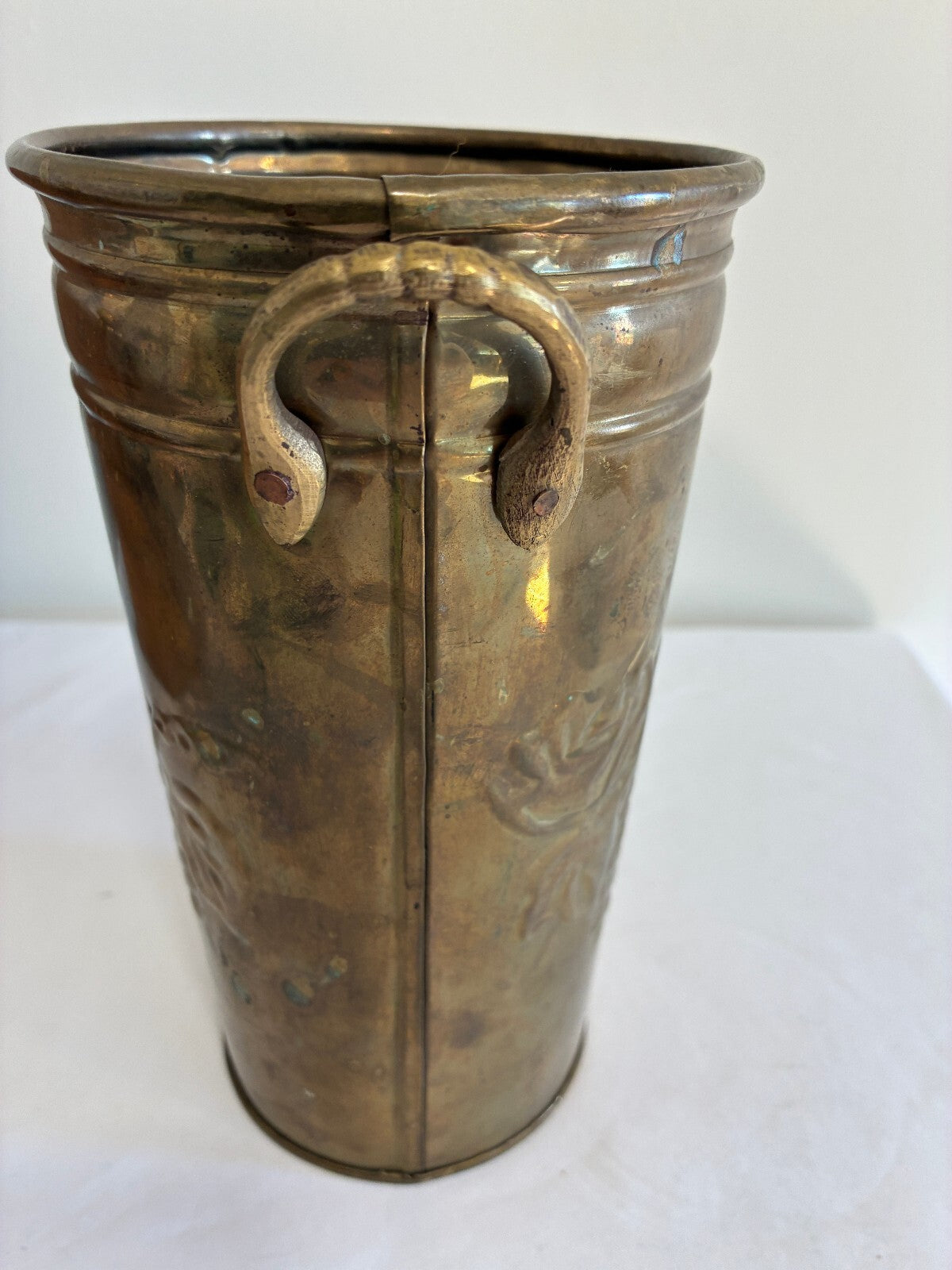 Vintage Hosley Solid Brass Grapevine Vase with Handles | Embossed Flower Bucket