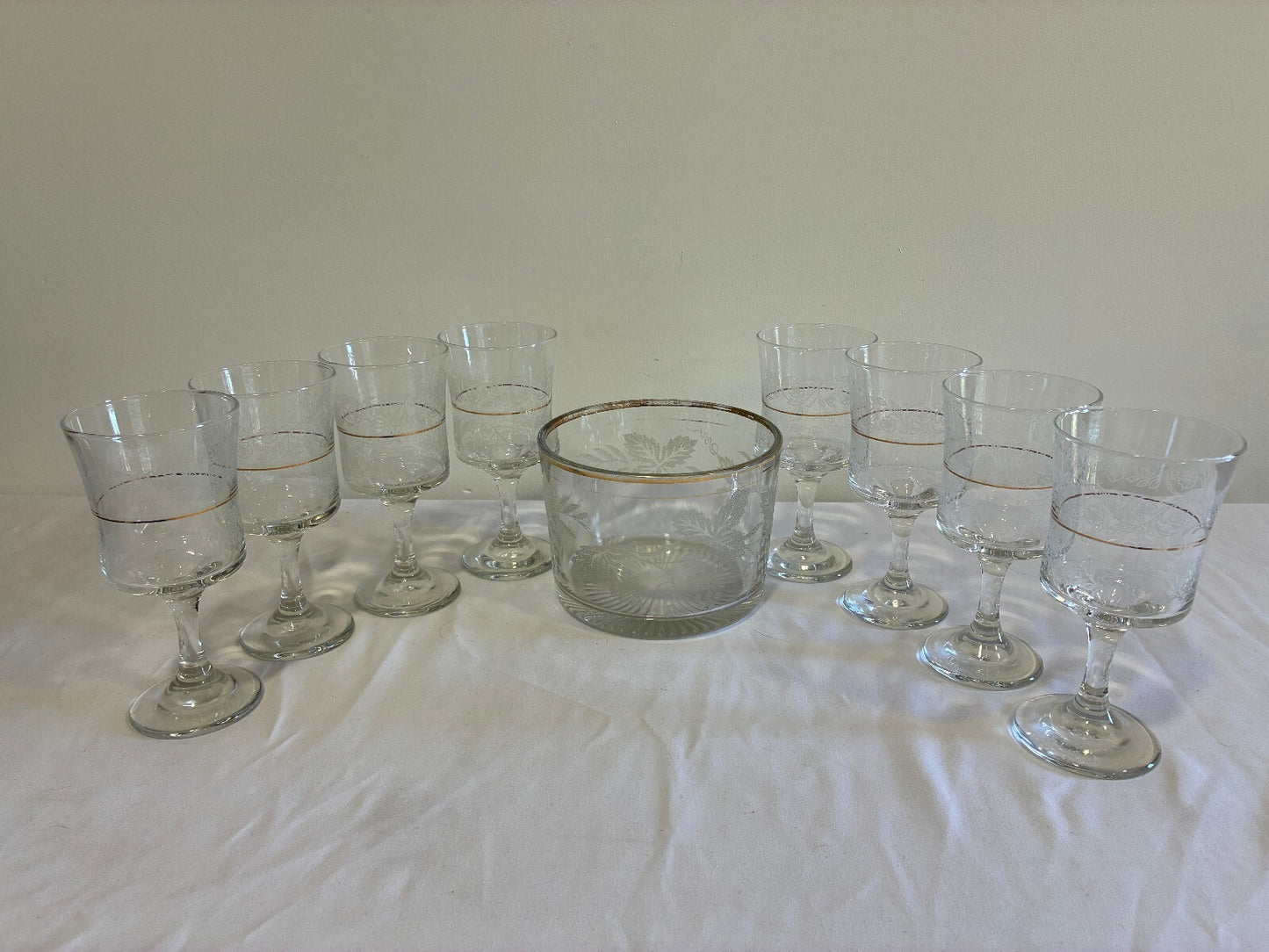 Vintage Bartlett Collins Etched Grape Glass Set 8 Goblets and Ice Bucket