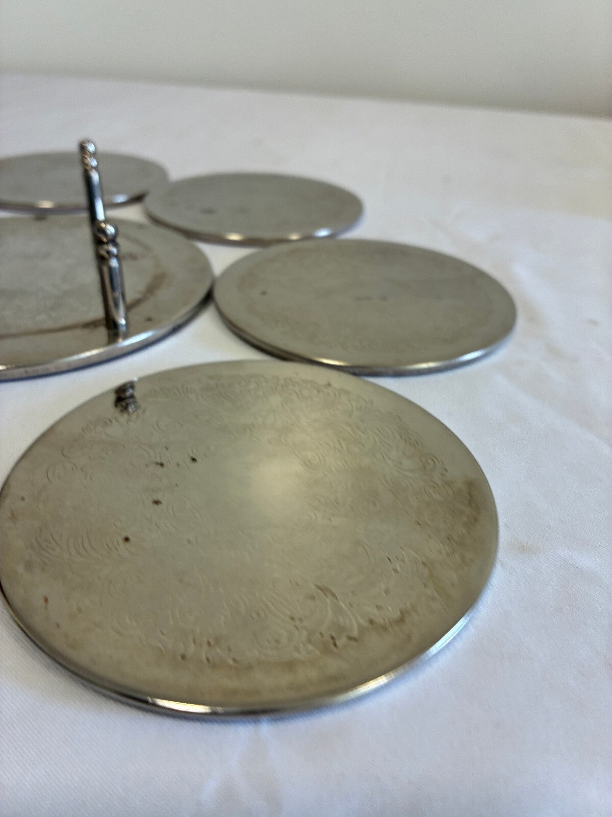 Vintage Set of 6 Silver Coasters with Holder Engraved Floral