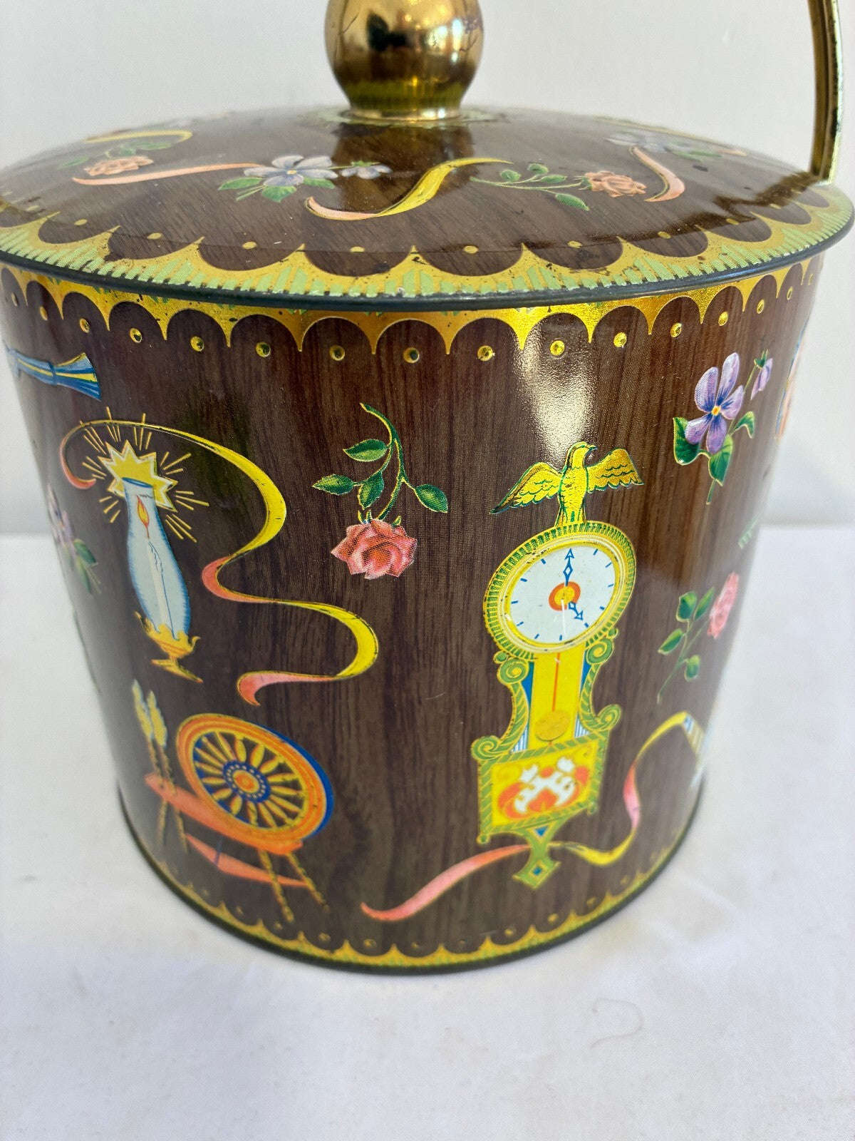 Vintage Daher England Tin with Handle and Lid, Clock Spinning Wheel Roses