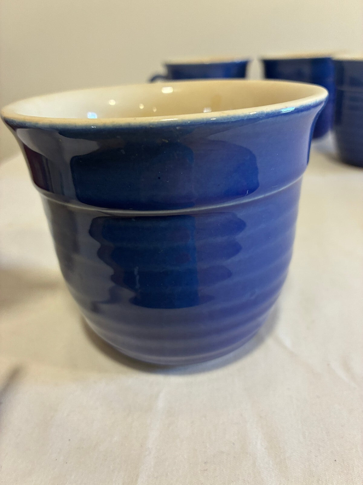 Vintage Emile Henry France Cobalt Blue Mugs Set of 4, Ribbed Stoneware Cups