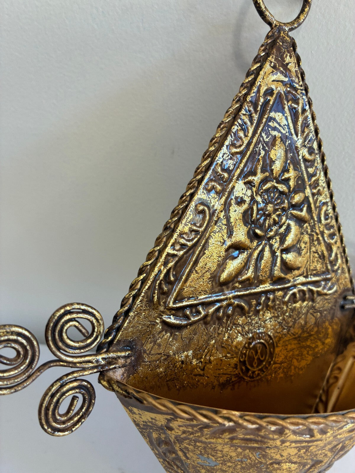 Vintage Hosley Gold Wall Pocket, Embossed Floral Hanging Vase