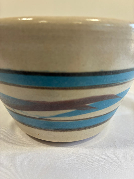 Vintage Studio Pottery Bowl, Hand Painted Blue Stripe Design, Signed