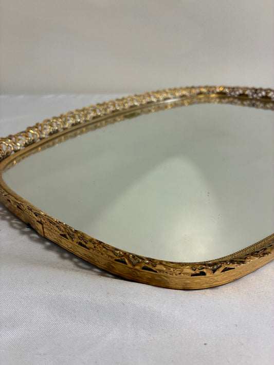 Vintage Matson 24K Gold Plated Mirror Vanity Tray, Filigree Hollywood Regency