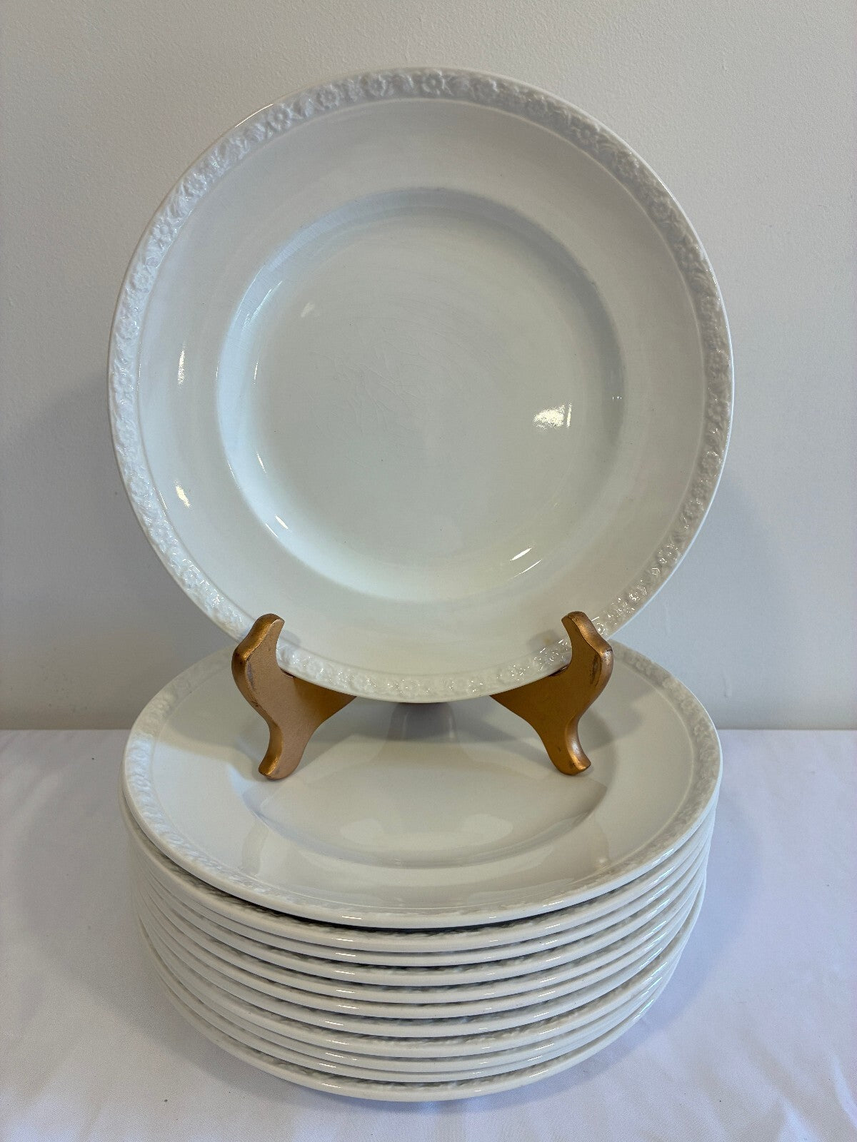 Vintage Wedgwood White English Ironstone Dinner Plates Set of 10, Embossed Edges