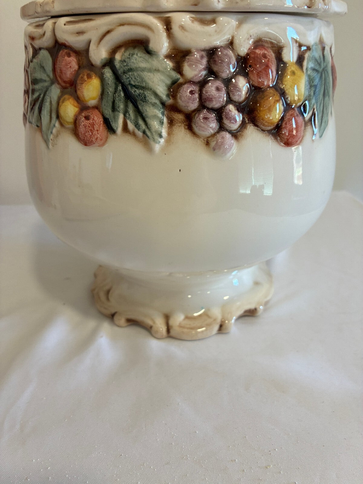 Vintage Lefton Majolica Style Lidded Jar | Raised Fruit & Grape Ceramic Canister
