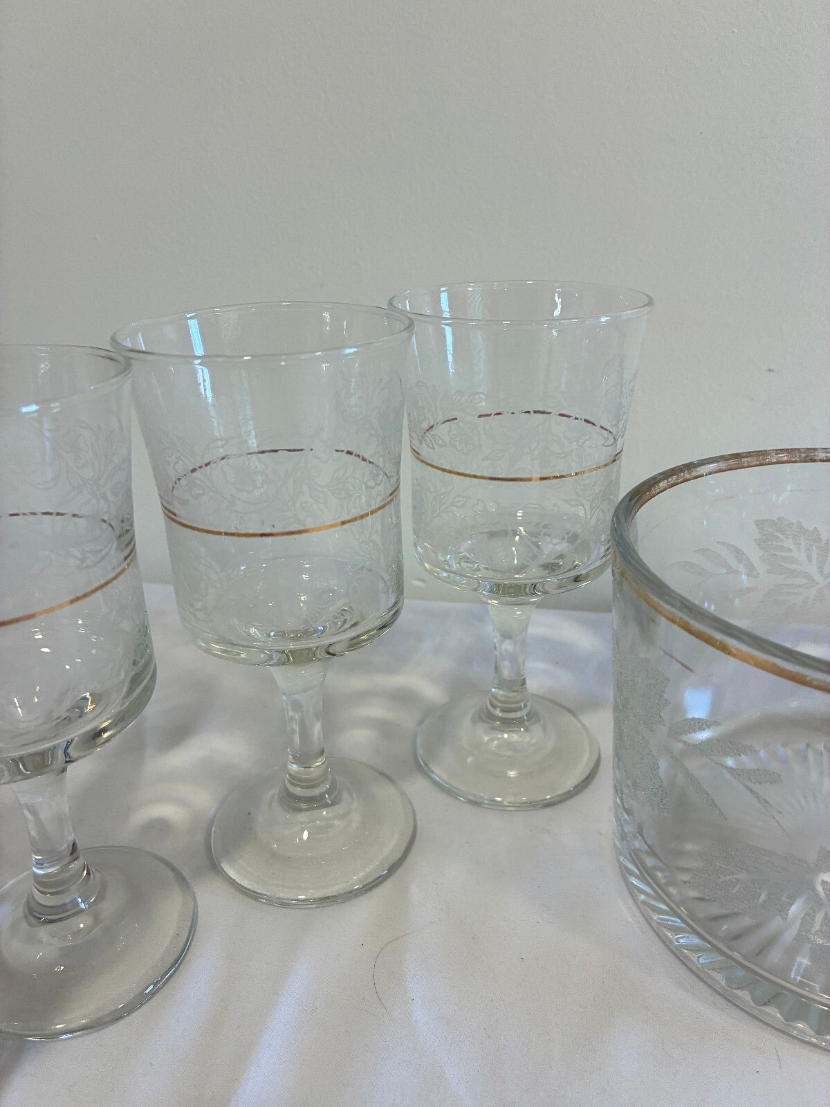 Vintage Bartlett Collins Etched Grape Glass Set 8 Goblets and Ice Bucket