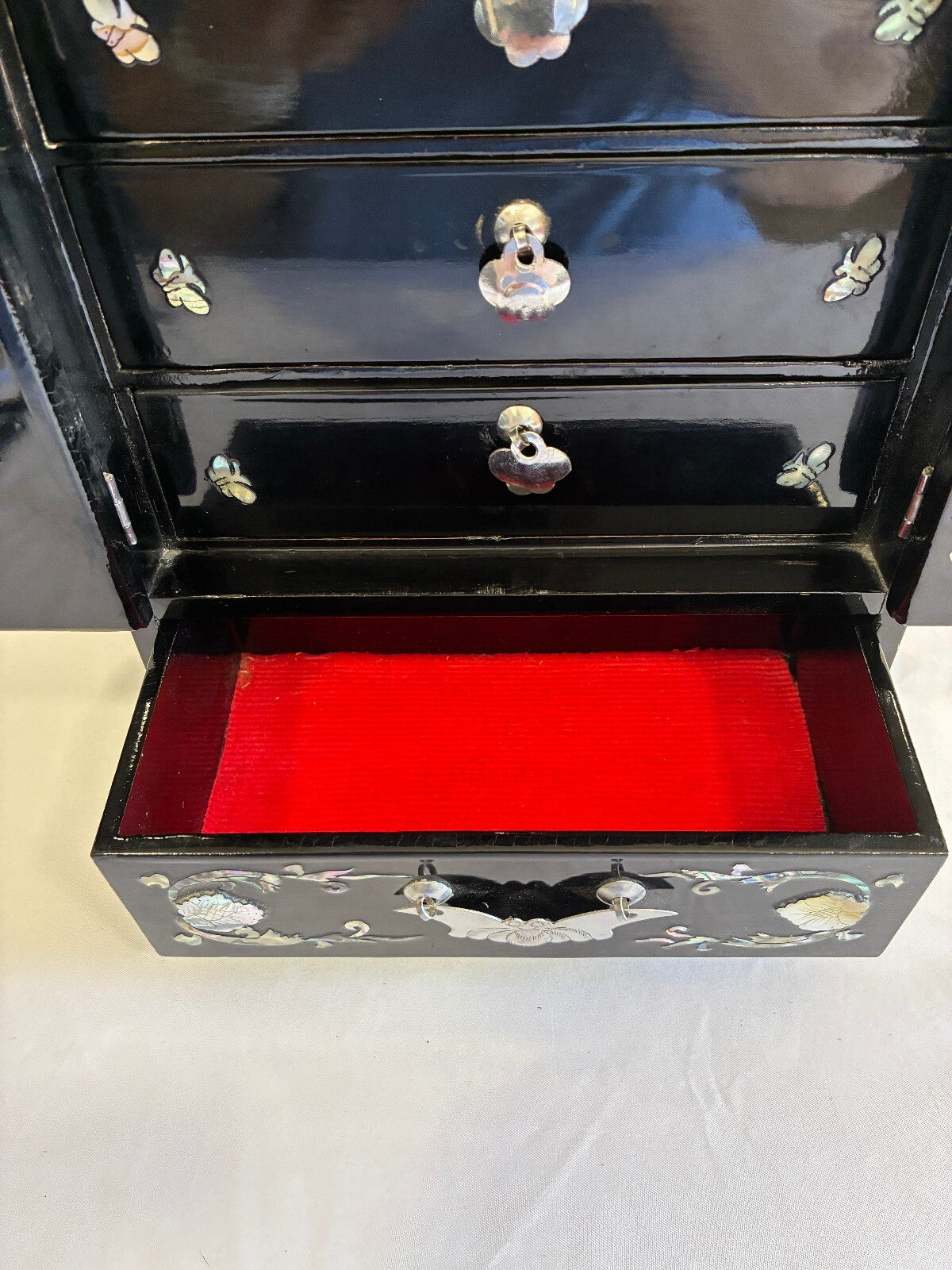 Vintage Black Lacquer Mother of Pearl Jewelry Cabinet | Asian Bird Floral Inlay