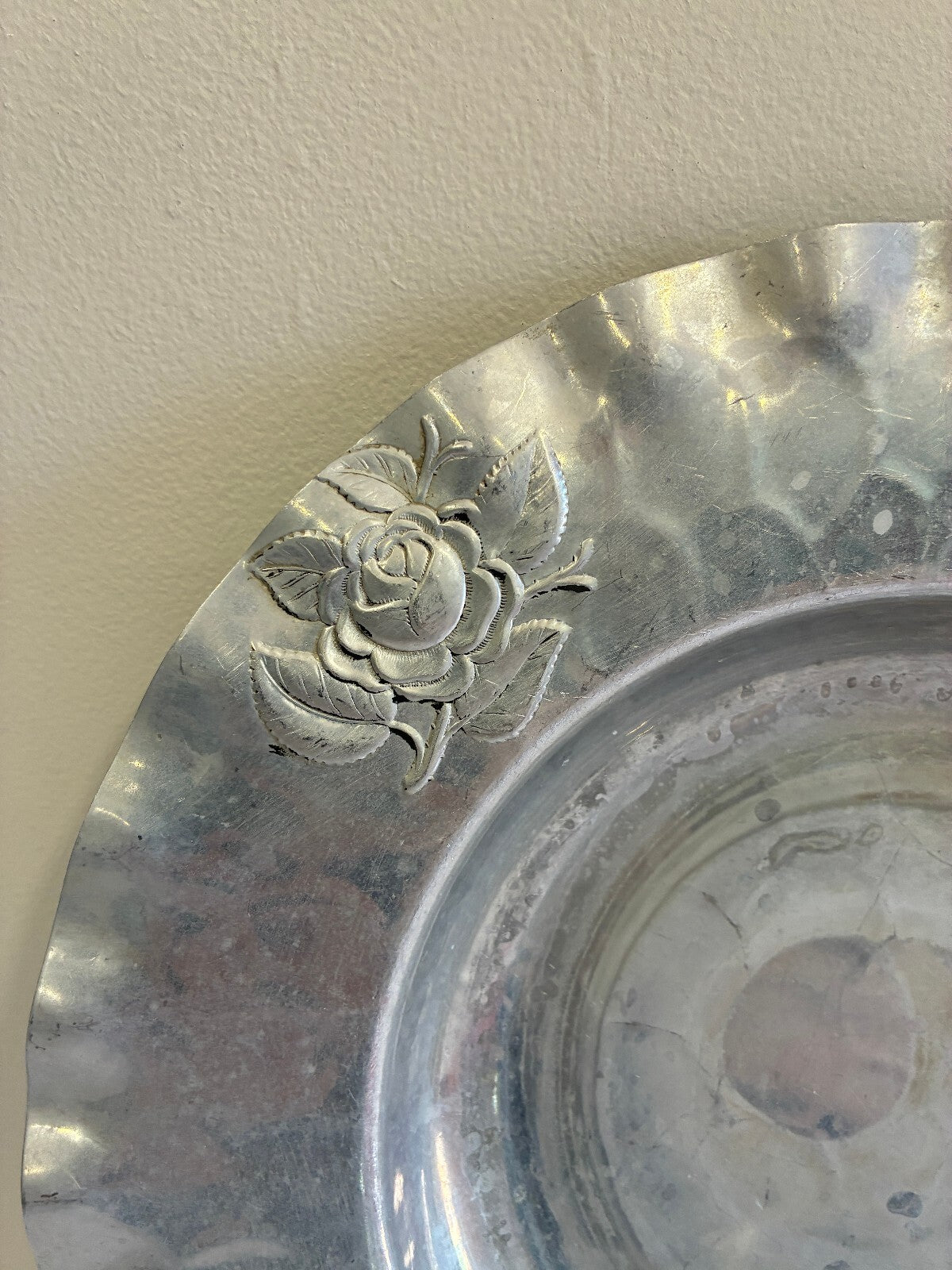 Vintage Hammered Aluminum Bowl | Hand Chased Rose Design Ruffled Rim