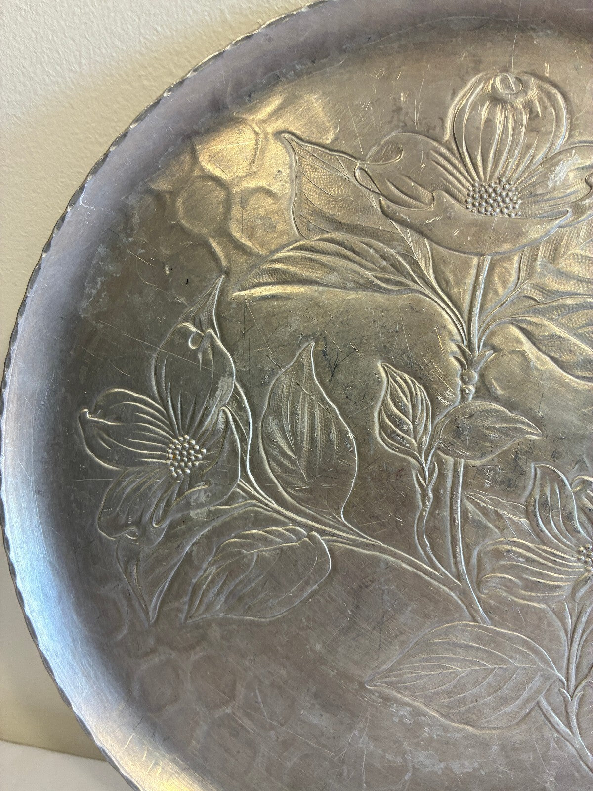 Vintage Hammered Aluminum Serving Tray | Hand Chased Dogwood Flower Design