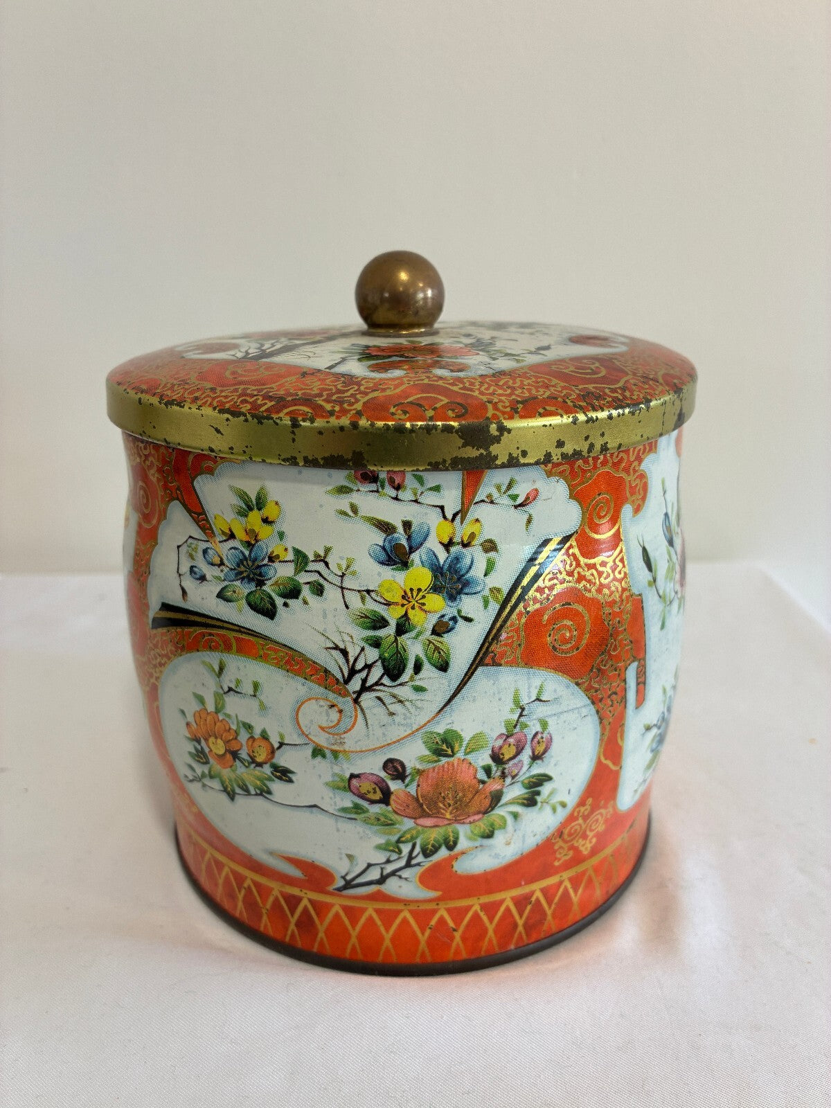 Vintage Daher Tin, Brass Knob Lid, Orange Chinoiserie Canister, Made in England