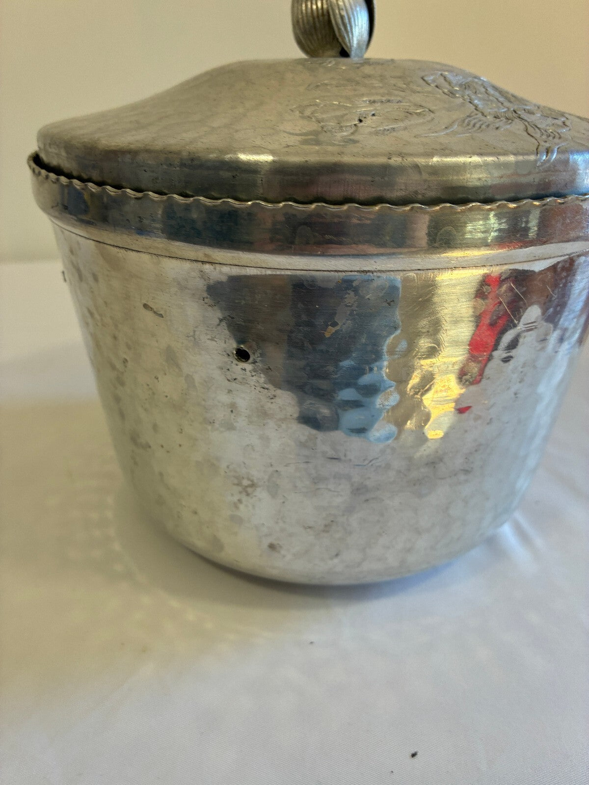 Vintage Hammered Aluminum Lidded Ice Bucket | Tulip Finial Floral Handles