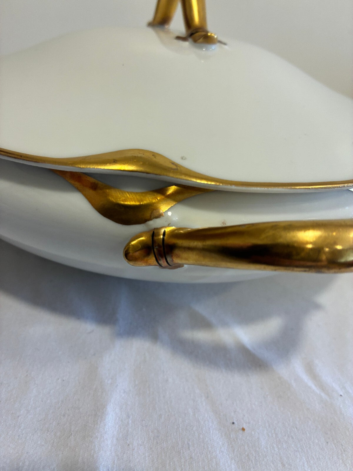 Antique Haviland Limoges Covered Tureen, White & Gold Handled Serving Dish