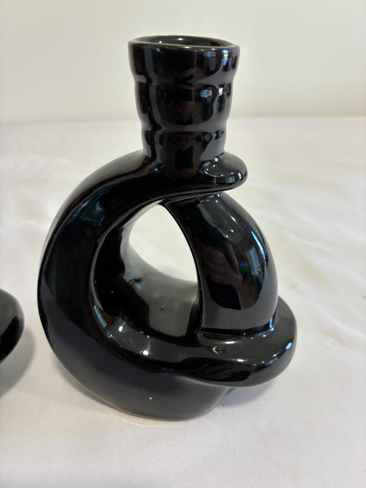 Vintage Frankoma Black Ceramic Vase Pair Modern Loop Design