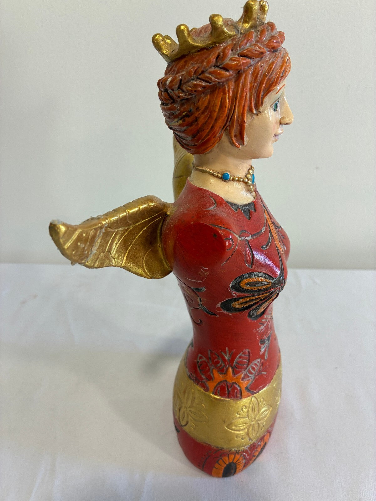 Vintage Angel Figurine Bust with Crown Wings Folk Art Style
