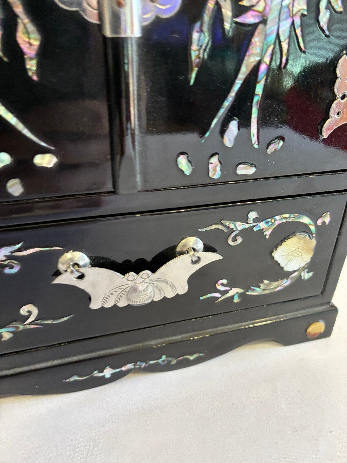 Vintage Black Lacquer Mother of Pearl Jewelry Cabinet | Asian Bird Floral Inlay