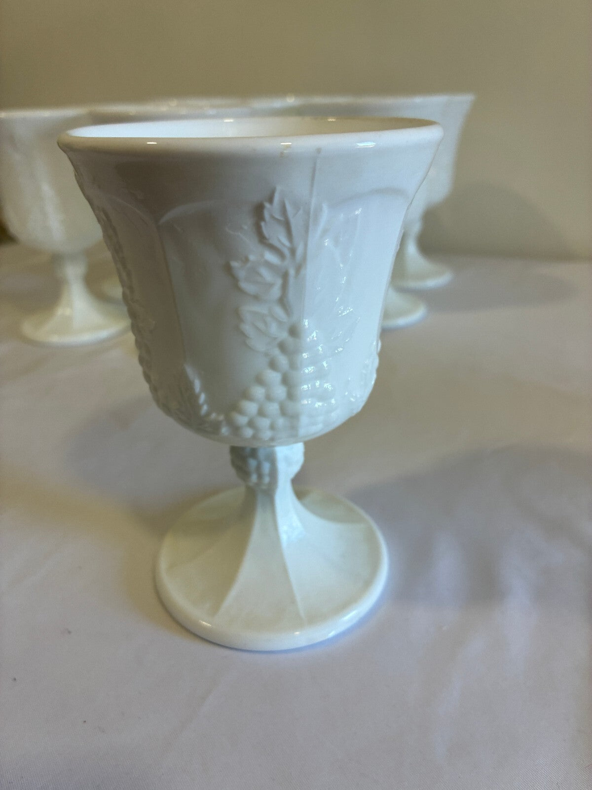 Vintage Milk Glass Goblets Set of 9, White Grape Vine Pattern w/ Pedestal Base