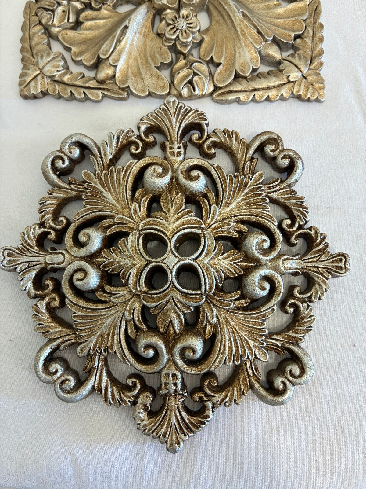 Silver Gilt Painted Wood Medallions Wall Plaques, Set of 3, Hollywood Regency