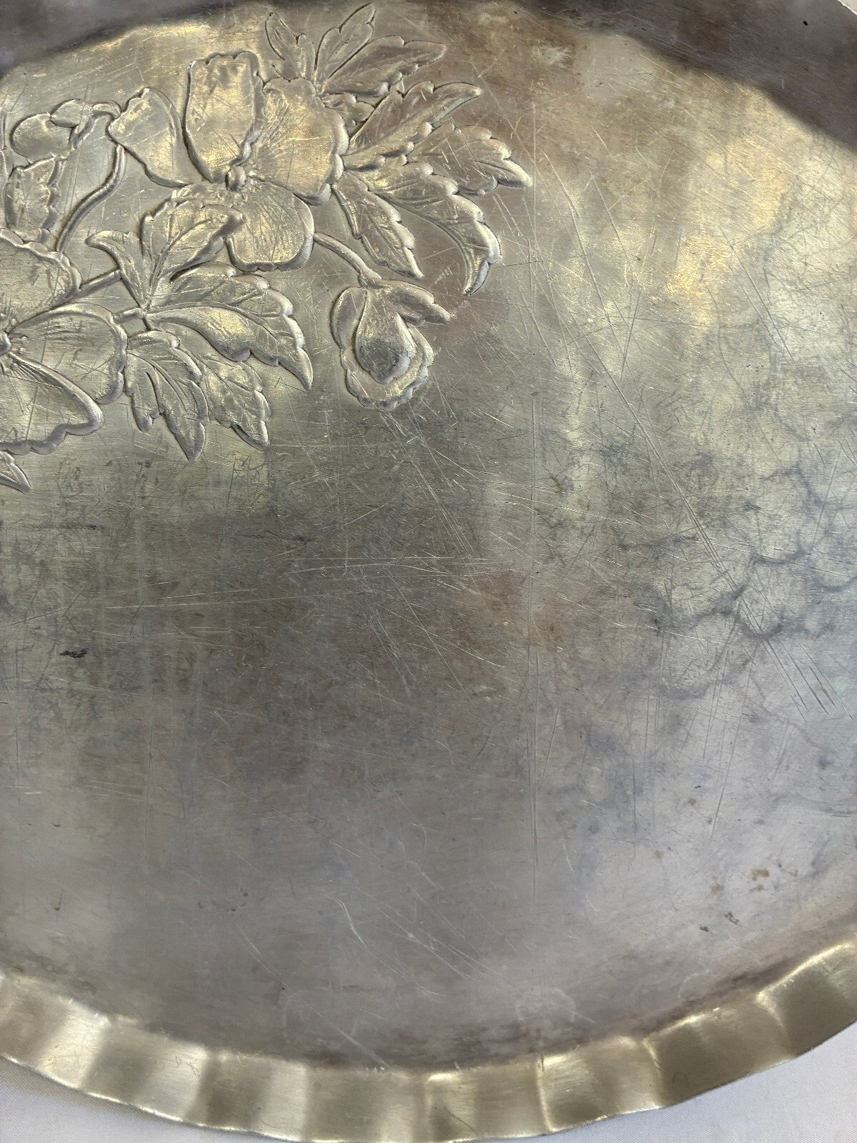 Vintage Hammered Aluminum Oval Tray | Hand Chased Peony Flower Design