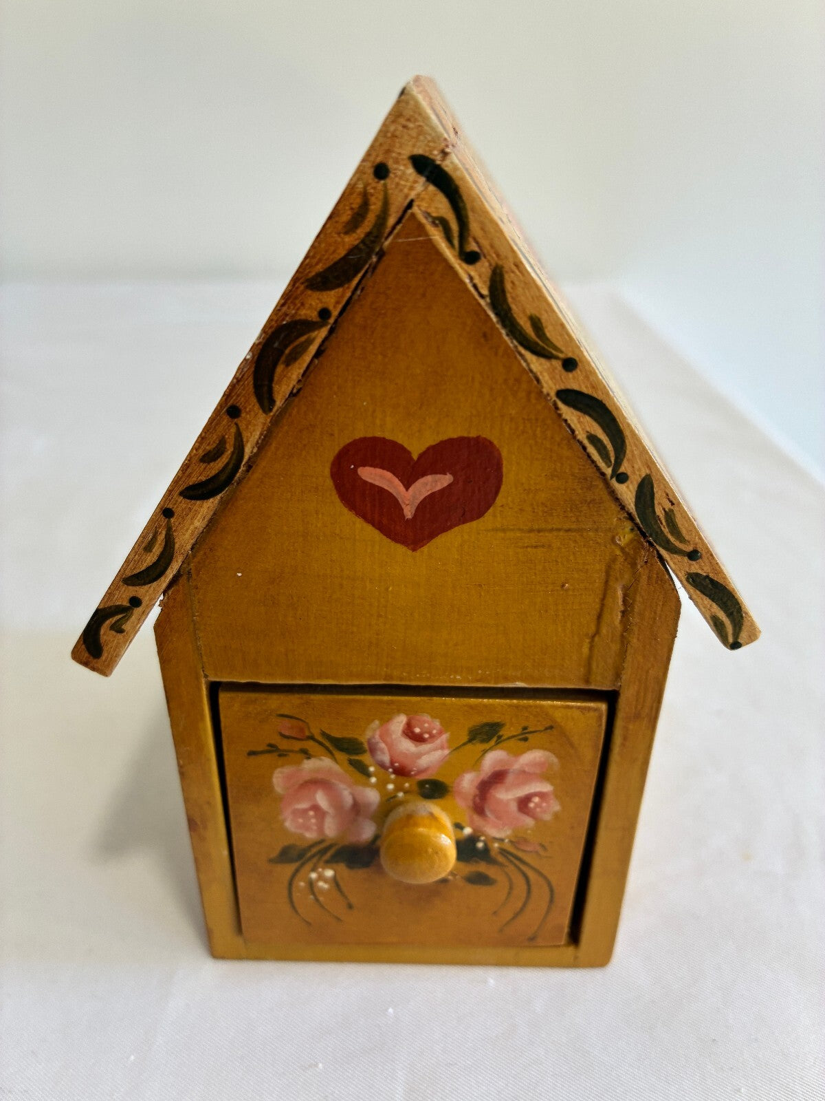 Vintage Hand Painted Wooden House Box with Drawer | Folk Art by Janet Lee