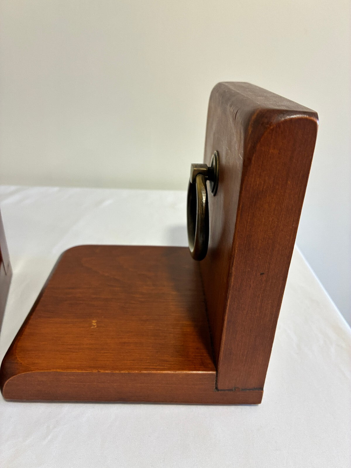 Vintage Wood Bookends with Brass Ring Pulls | Mid-Century Bookends, Set of 2